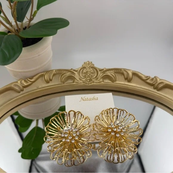 Statement Gold Flower Earrings with Cubic Zirconia – Bold Bloom Design - Picture 10 of 10